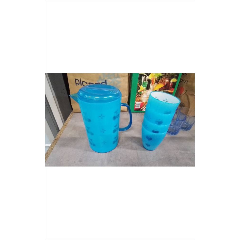 PICHET PLASTIQUE BLEU + 4 VERRES 