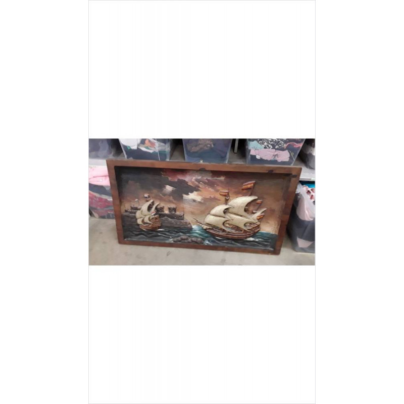 CADRE BOIS PEINT BATEAUX  RELIEF 