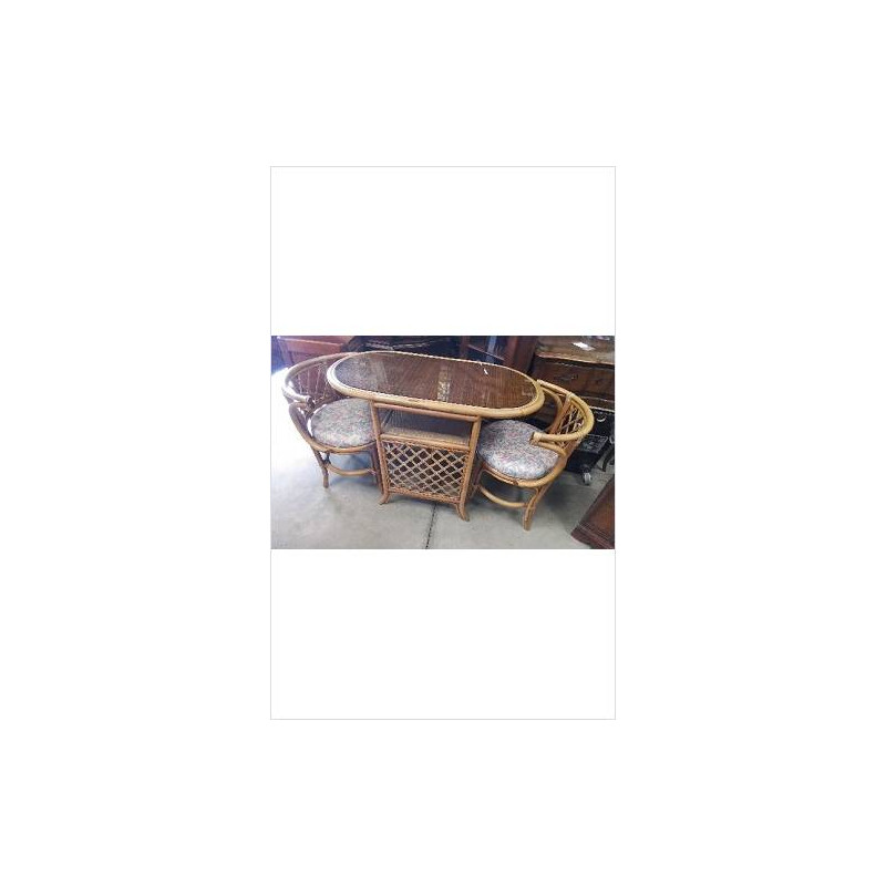 TABLE DESSUS VERRE FUME + 2 FAUTEUILS ROTIN