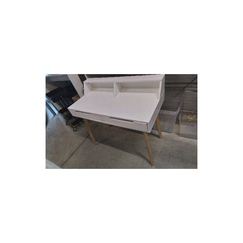 BUREAU BLANC 2 TIROIRS PIEDS BOIS 