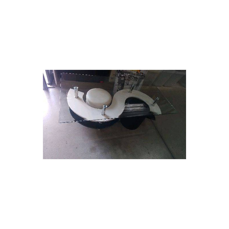 TABLE BASSE VERRE BISEAUTE + 2 POUFS